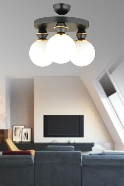 Genel Markalar Şık Siyah 3'lü Plafonyer Beyaz Glop Camlı Aşağı Bakan Lüks Avize