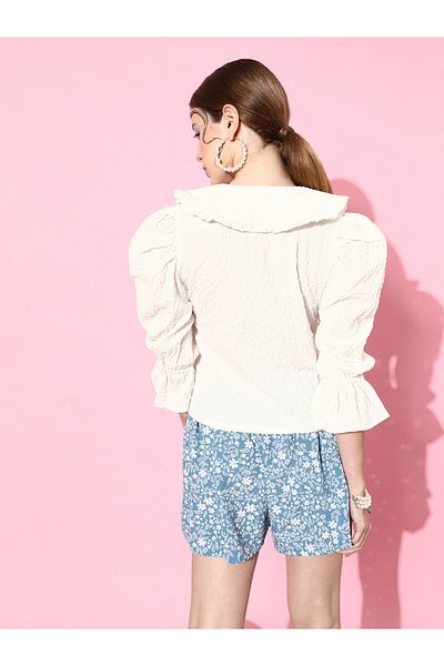 Athena By Styli Textured Peter Pan Collar Top with Puff Sleeves