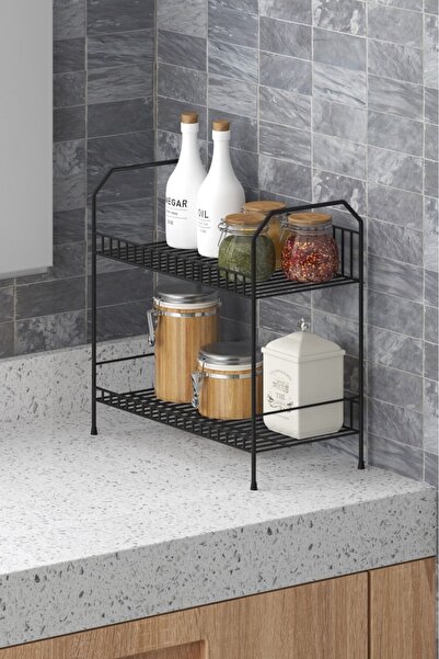 Pinkcloset منظم كونترتوب معدني خماسي، حامل رف توابل (أسود) رف توابل رف توابل أسود