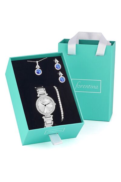 Forentina Gümüş Kaplama Turkuaz Taşlı Kolye Küpe Bileklik Saat Hediye Set - P...