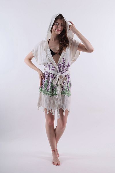 REİNA TEKS Lavender Patterned Hooded Pareo - Beachwear, Belted Beachwear 1 Piece