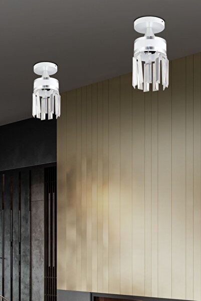 Genel Markalar Tekli Nairobi Beyaz Plafonyer Kristal Taşlı Krom Şeritli Silin...