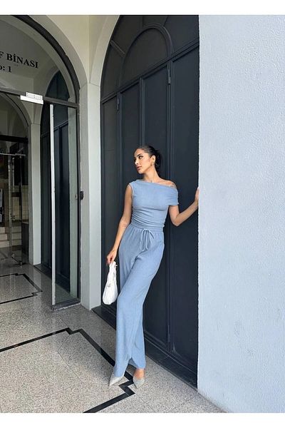 HARMONY GLOBAL Blue Asymmetric Collar Women's Blouse and Trousers Set - Crinkle Woven 990
