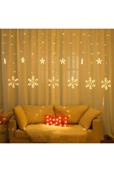 Genel Markalar Kar Tanesi Yıldızlı Perde 120 Led, 3×2metre Gün Işığı Led Işık Fişli, 3 Fonksiyonlu 12 Saçak