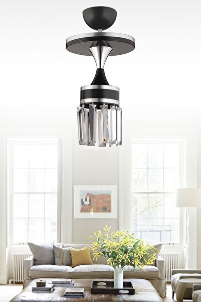 Genel Markalar Nairobi Tekli Siyah Plafonyer Kristal Taşlı Krom Şeritli Silin...