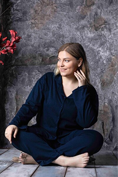 CALİA Kadın Battal Önden Düğmeli Büyük Beden Uzun Kol Gömlek Pijama Takımı