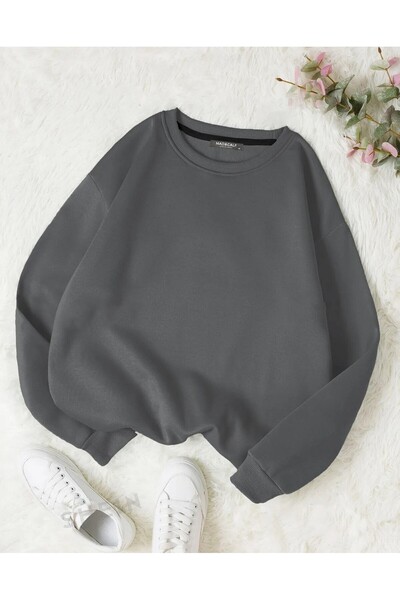 Wish BF سويت شيرت نسائي من الصوف كبير الحجم - 0 رقبة دائرية، غير مطبوع، فضفاض...