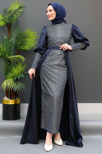 GİZ AGİYİM Dark Navy Blue Talya Hijab Evening Dress