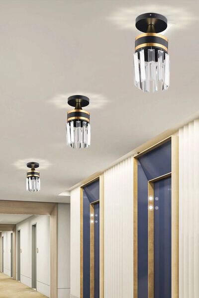 KARDELEN AYDINLATMA AVİZE Tekli Nairobi Siyah Plafonyer Kristal Taşlı Sarı Şeritli Silindir Aşağı Bakan Lüks Avize