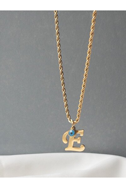 Siya Silver 316L Kararmaz Çelik Gold Renk Nazar Boncuklu Uzun Burgu Zincirli Harfli Kadın Kolye