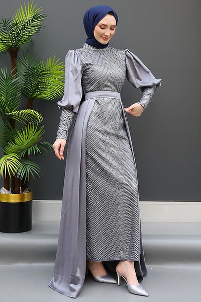 GİZ AGİYİM Dark Gray Talya Hijab Evening Dress