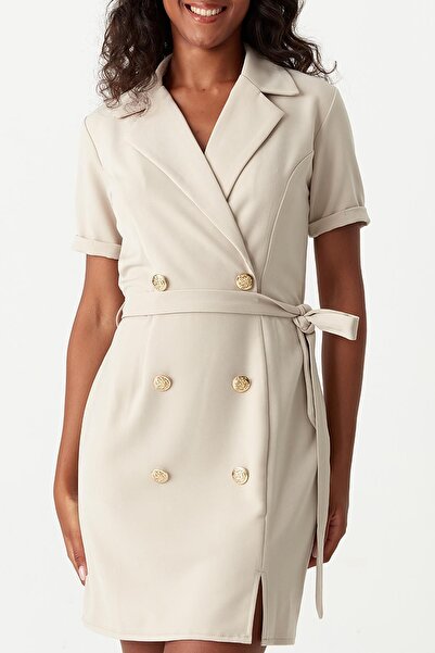 Select Moda Γυναικείο φόρεμα με κρεμ κουμπί με λεπτομέρεια με ζώνη