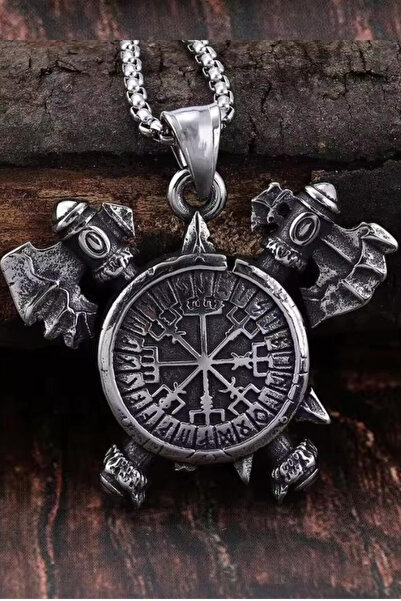 Jaida Moda قلادة فضي للجنسين من Viking Compass - تصميم فأس ستيل