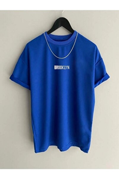 NOFLEN Unisex plava majica kratkih rukava sa širokim izrezom i printom Brooklyn