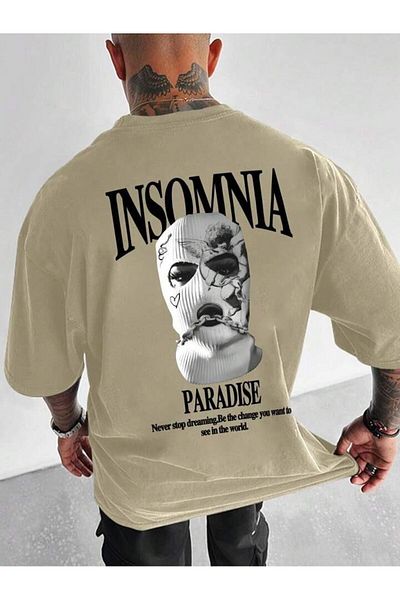 NO 601 Ανδρικό μπλουζάκι Oversize σε μπεζ χρώμα - Insomnia Back Printed