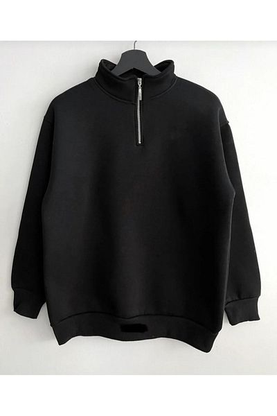 NİCE Fleece Black Unisex Sweatshirt - Half Zipper, Stand Collar Winter