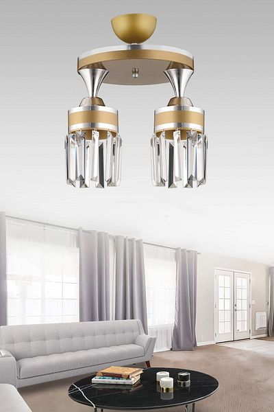 KARDELEN AYDINLATMA AVİZE Nairobi 2-Piece Antique Plafonier Crystal Stone Chrome Striped Cylinder Downward Facing Luxury Chandelier