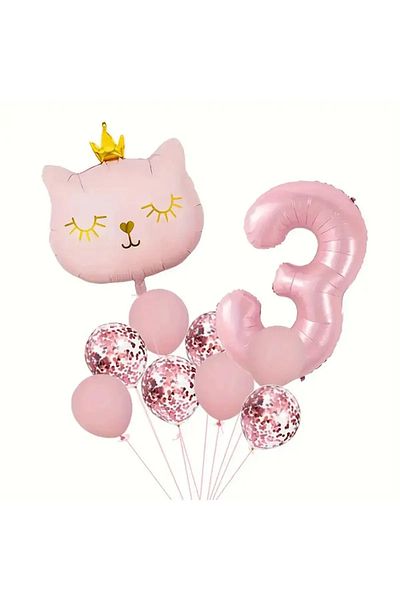 aşkın concept Birthday Party Set, Pink 3 Years Old, Cat and Confetili Foil Balloon Party Set