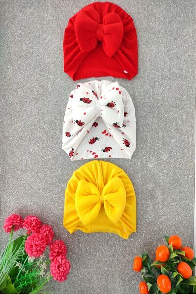 dubi baby 3-Piece Colorful Patterned Baby Girl Bonnet Set - Bandana Set (3-12 Months)