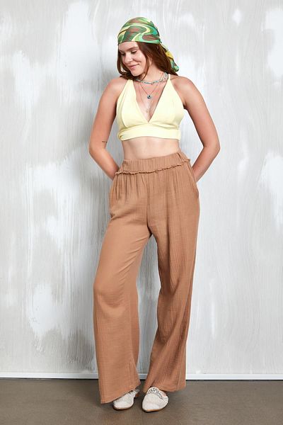 minaaise Loose Cut Camel Muslin Trousers - Elastic Waist 27352