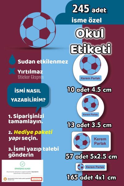 Sticker Ekspres Okul Etiketi Futbol Topu Kalem Defter Etiketi Özel İsim Yazıl...