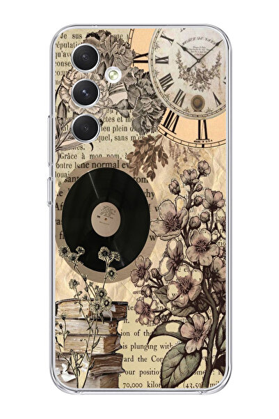 moonset Samsung Galaxy A54 Uyumlu Çiçek ve Plak Tasarımlı Baskılı Şeffaf Tele...