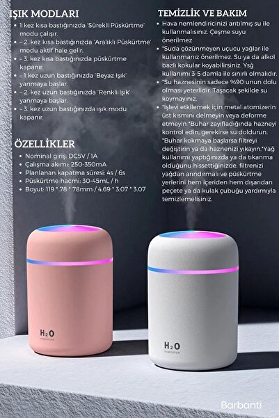 Barbanti Mobile Gri 300 ml Ultrasonik Hava Nemlendirici Buhar Makinesi Ve Aroma Difüzörü H2o Oda Nemlendiricisi