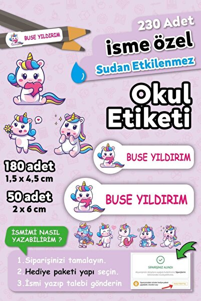 HediyeHanesi Unicorn Temalı Kişiye Özel İsimli Defter Kalem Okul Etiketi, Yır...