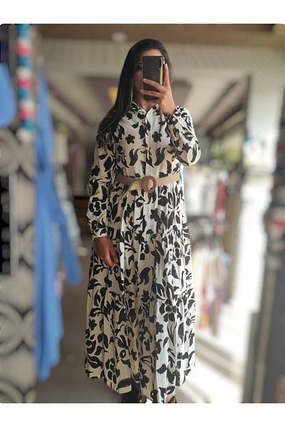 Sublime Butik Rochie de damă retro din in cu model etnic - cu centură de paie
