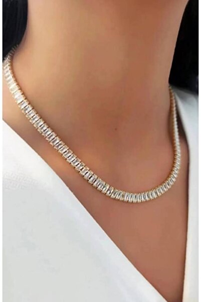 Generic Brand Women's Gold Waterway Necklace with Steel Baguette Zirconia