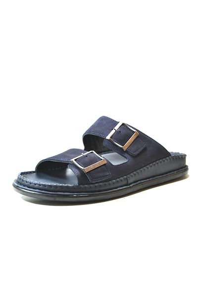 Onlo Ayakkabı BT.144 Navy Blue Orthopedic Buckle Genuine Leather Daily Slippers