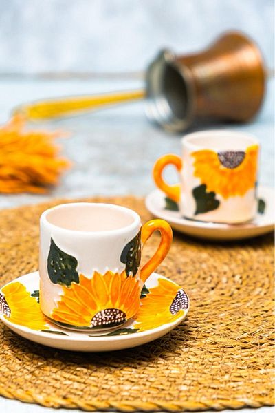Çiporcal 2-Piece Ceramic Turkish Coffee Cup Set - Handcrafted and Sunflower Seeds