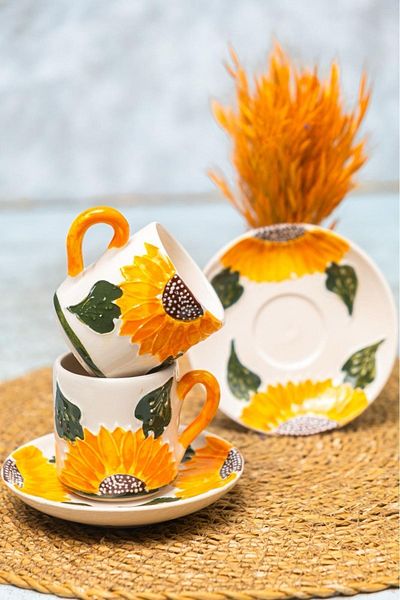 Çiporcal 2-Piece Ceramic Turkish Coffee Cup Set - Handcrafted and Sunflower Seeds