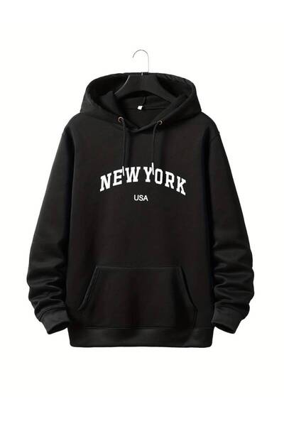 Hunors Sportswear & Company New York Printed Black Fleece Oversize Hooded Bas...