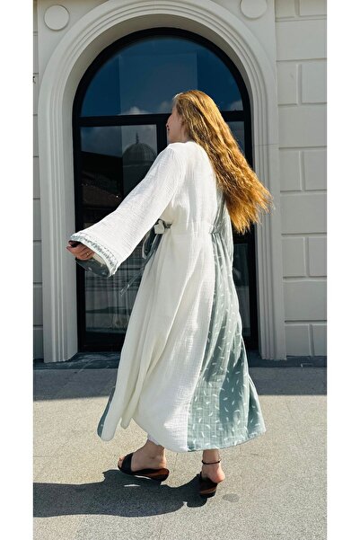 SARE ERKMEN Green White Large Size Summer Long Kimono