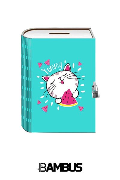 Bambus Home صندوق تخزين ديكور خشبي مطبوع من Yummy - حصالة على شكل كتاب مع قفل