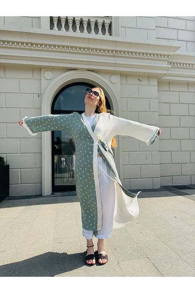 SARE ERKMEN Green White Large Size Summer Long Kimono