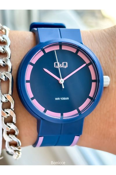 Q&Q Navy Blue / Pink Silicone Cord (10ATM) Women's Wristwatch Bracelet - Suitable for Pool Sea
