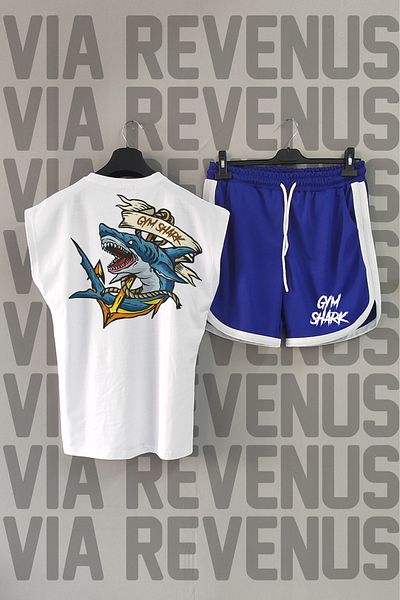Vordevia Gym Shark White Sports T-Shirt and Blue Sports Shorts - Crew Neck, Zero Sleeve