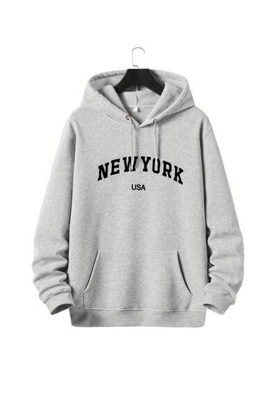 Hunors Sportswear & Company Πλεκτό φούτερ με κουκούλα σε γκρι στάμπα New York