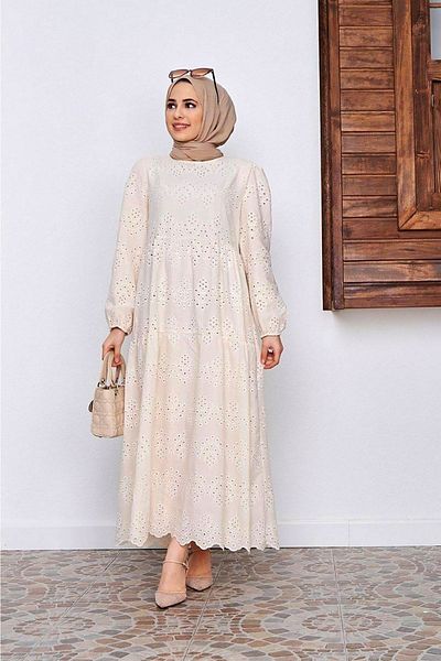She Olive Guipure Hijab Dress - Stone