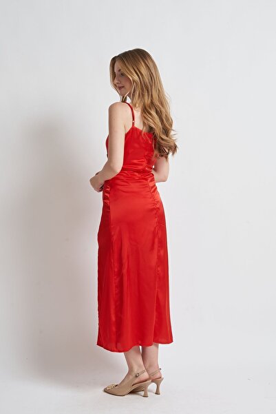 Rabia Çelik Kadın Kırmızı Beli Korse Görünümlü Midi Abiye&Mezuniyet Elbisesi