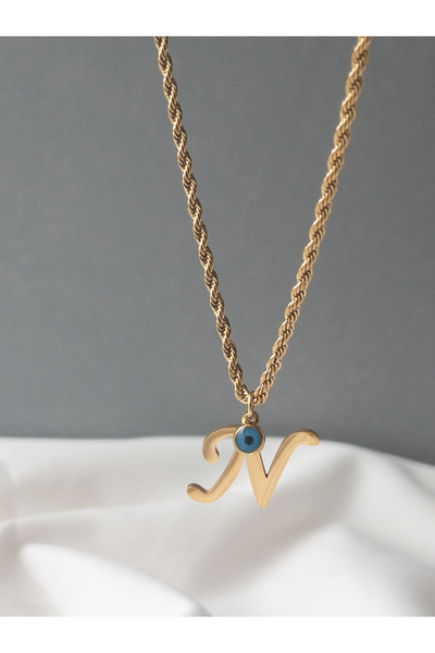 Siya Silver 316L  Kararmaz Çelik Gold Renk Nazar Boncuklu  Uzun Burgu Zincirli Harfli Kadın Kolye