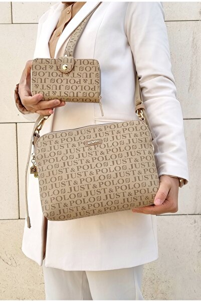 Just Polo هدية - مجموعة محفظة كبيرة للنساء بلون رملي (سيتم إرسالها مع صندوق هدايا)