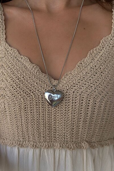 Okko Store Çelik Uzun Love Yazılı Kalp Kolye