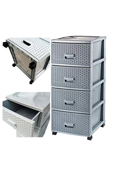 abnturk Hasır Görünümlü 4 Çekmeceli Plastik Komidin Raddan Sebzelik Her Ortama Uygun Banyo Mutfak Dolabı