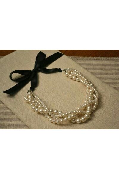 Mupten Kadın Siyah Kurdele Motifli 8-6-4 mm Cam İnci Choker Kolye