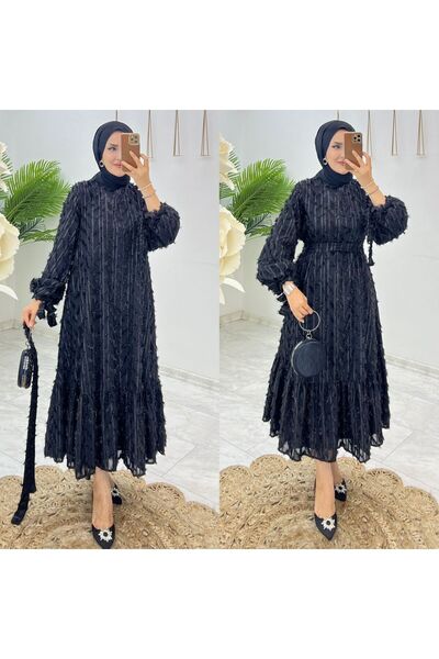 FIRSTESLEM Balloon Sleeve Lined Feather Women's Dress