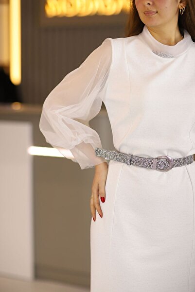 THE Q STUDİO White Knee Length Organza Sleeve and Collar Large Size Evening Dress with Stone Detail