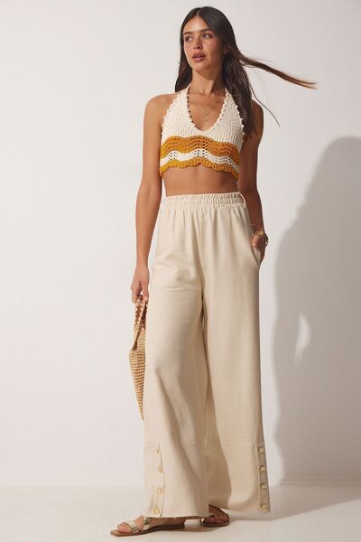 Lovelyİstanbul Λινό Παντελόνι Palazzo - Κομψή λεπτομέρεια με κουμπιά, Κρεμ Lm...